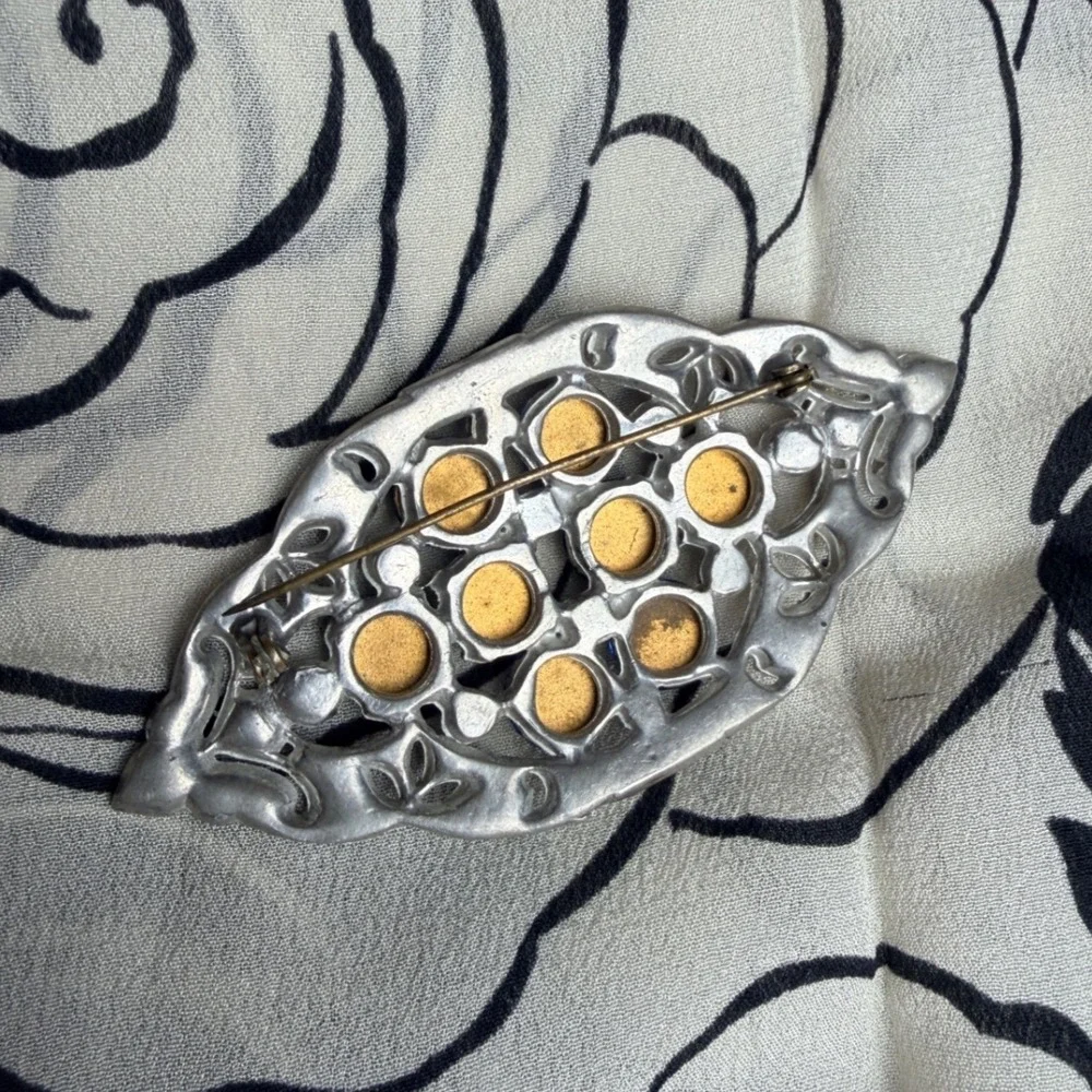Vintage Art Deco‎ Style Rhinestone and Cobalt Blue Brooch Silver Tone